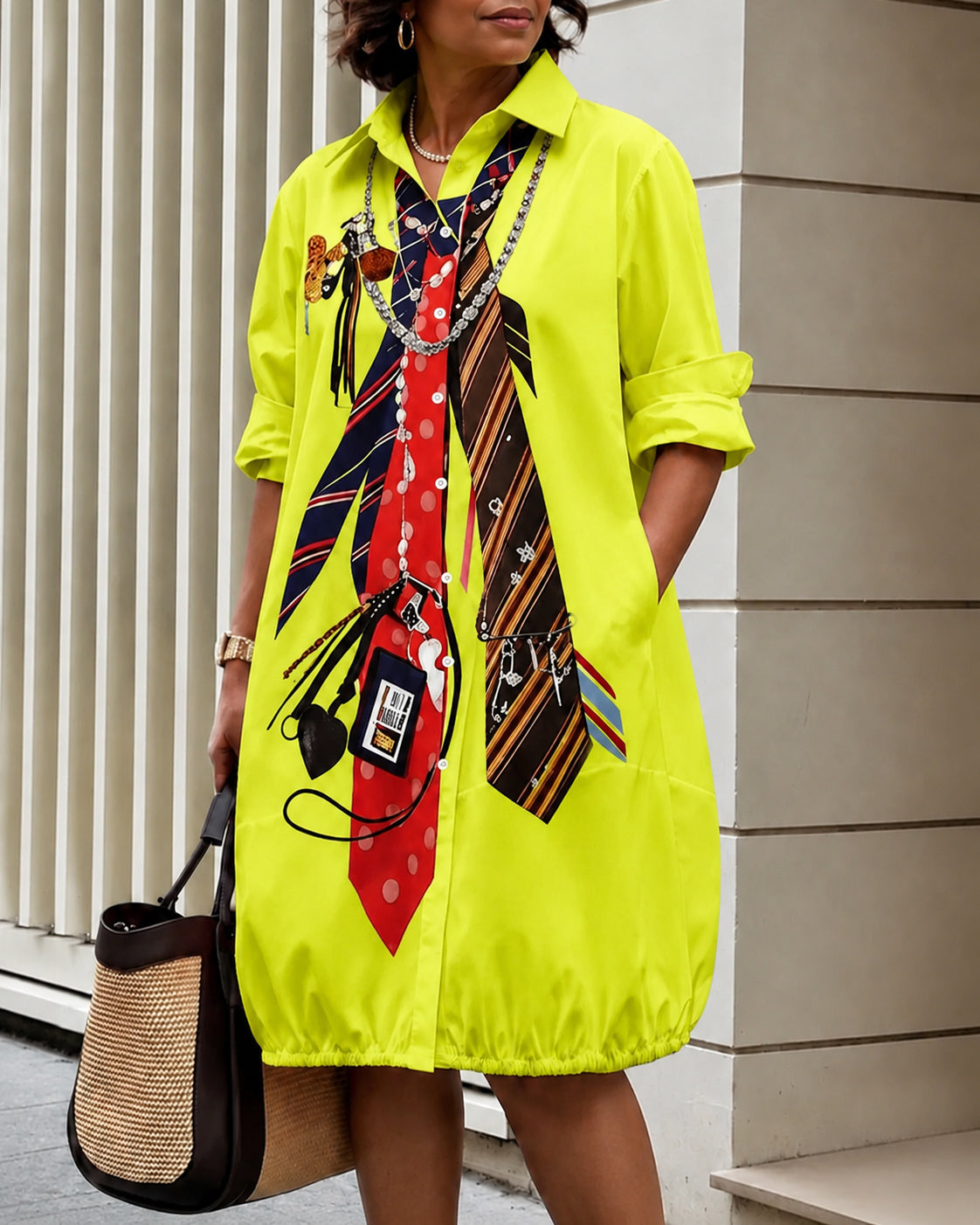 Long Sleeves Loose Buttoned Pockets Printed Lapel Midi Dresses