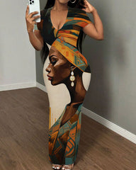 African Lady Printing Print Short Sleeve Bodycon Maxi Dress