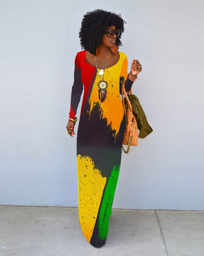 Juneteenth Tricolor Patchwork Colorful Print Crew Neck Long Sleeve Dress