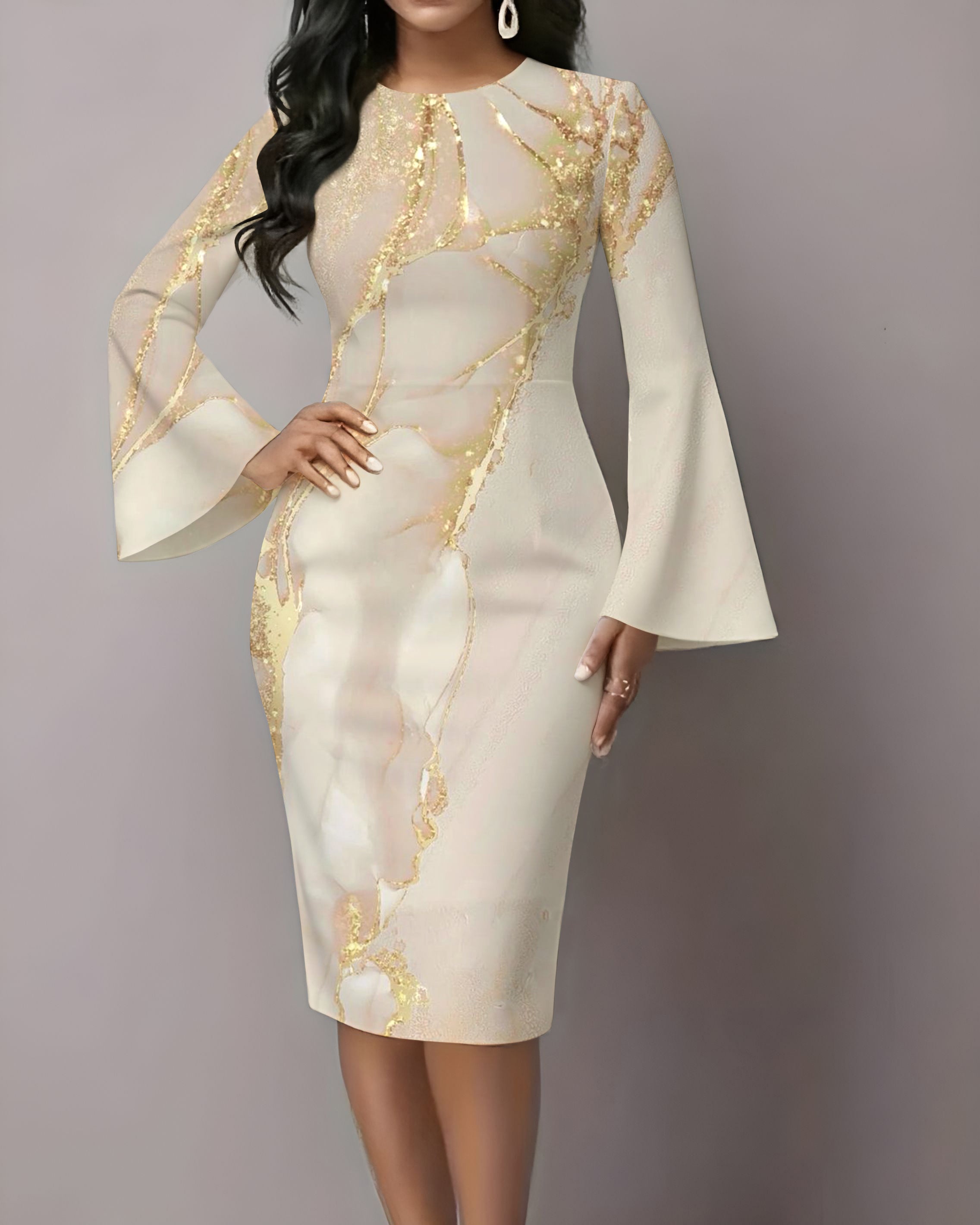 Marble Texture Flared Sleeves Midi Bodycon Dresses