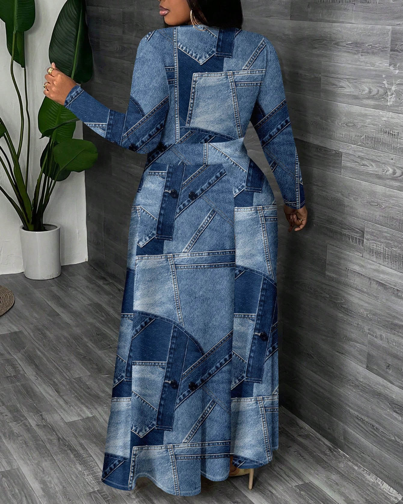 Blue Denim Print Round Neck Long Sleeve Maxi Dress