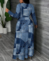 Blue Denim Print Round Neck Long Sleeve Maxi Dress