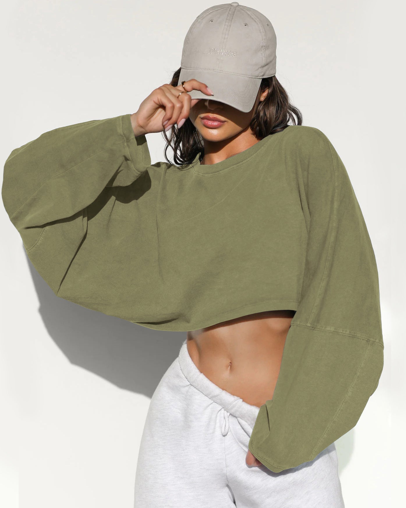 Women's Plain Batwing Sleeve Crop Sweatshirt