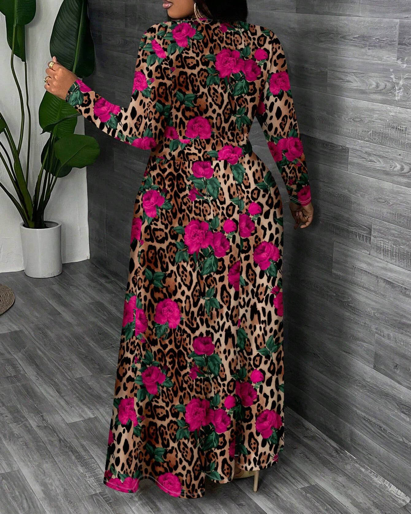 Leopard Rose Print Round Neck Long Sleeve Maxi Dress