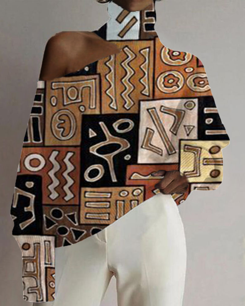 Geometric Black Art Print Cutout Turtleneck Top