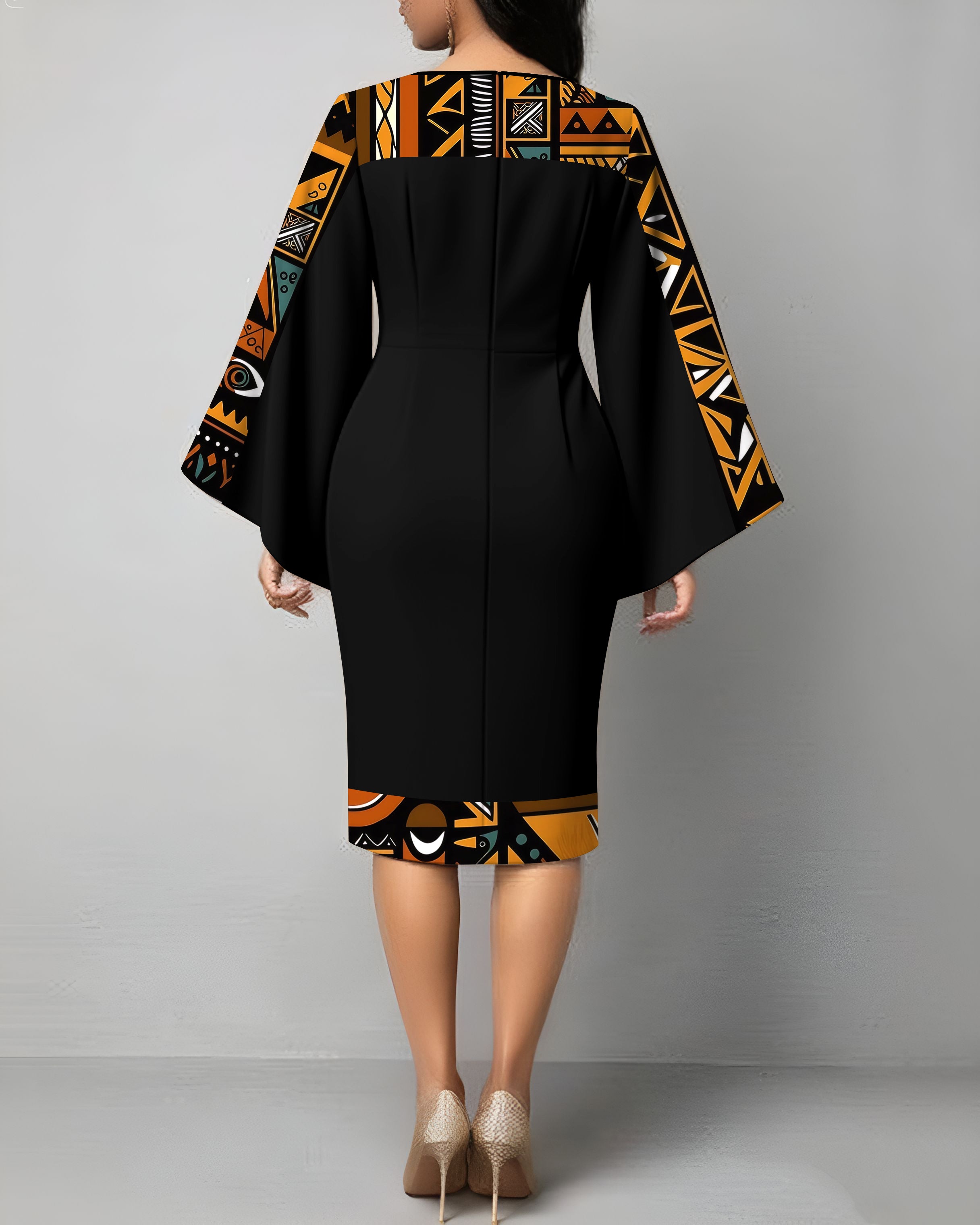 African American Culture Flared Sleeve Bodycon Midi Dress