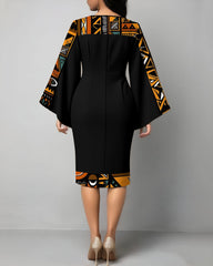 African American Culture Flared Sleeve Bodycon Midi Dress
