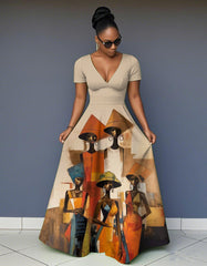 V Neck Traditional Tribal Sisters Short Sleeve Maxi Dress