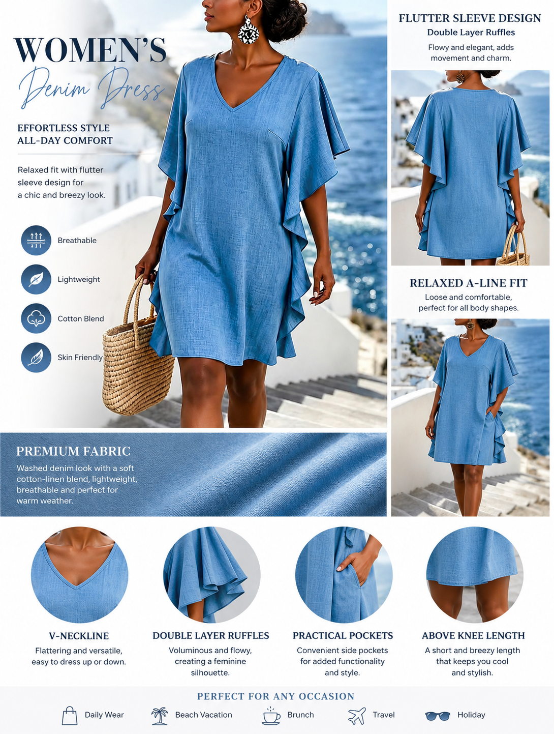 Women's Solid Color V-neck Short-sleeve Casual Loose Cotton-linen Dress