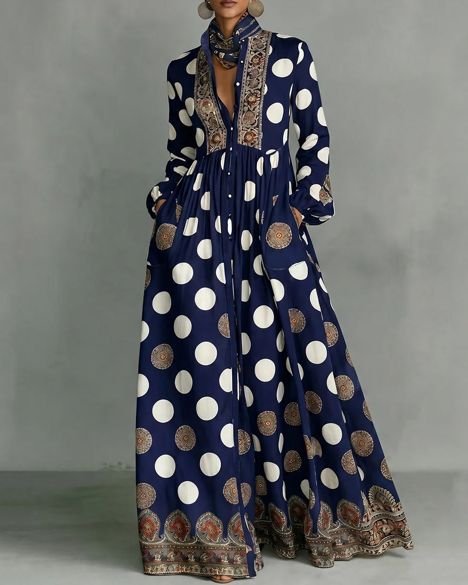 High Waisted Long Sleeves Big Hemline Buttoned Contrast Color Pleated Pockets Polka-Dot Stand Collar Maxi Dresses