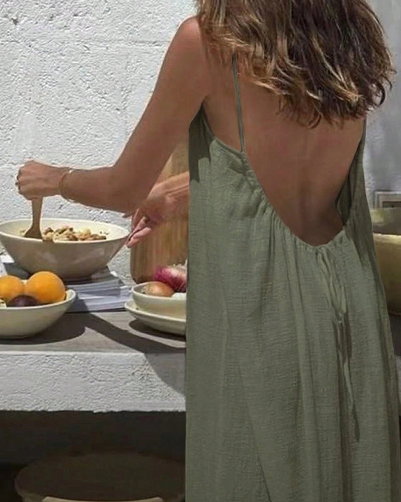 Casual Beach Vacation Holiday Backless Drawstring Adjustable Waist Long Dress