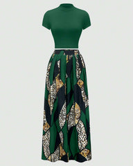 Green Leopard Geometric 2pcs Set Wide Leg Jumpsuit