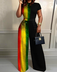 Gradient Color Contrast 2pcs Set Wide Leg Jumpsuit