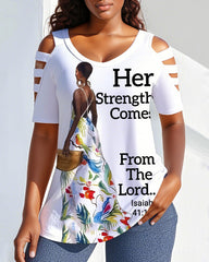 Her Strong Comes From The Lord Round Neck Off-shoulder Short-sleeved T-shirt