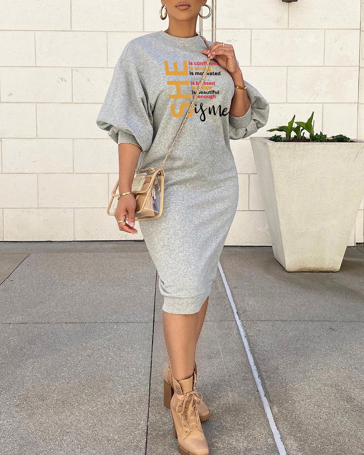 Round Neck She Is Me Melanin Lantern Sleeve Simple Sweatshirt Dress
