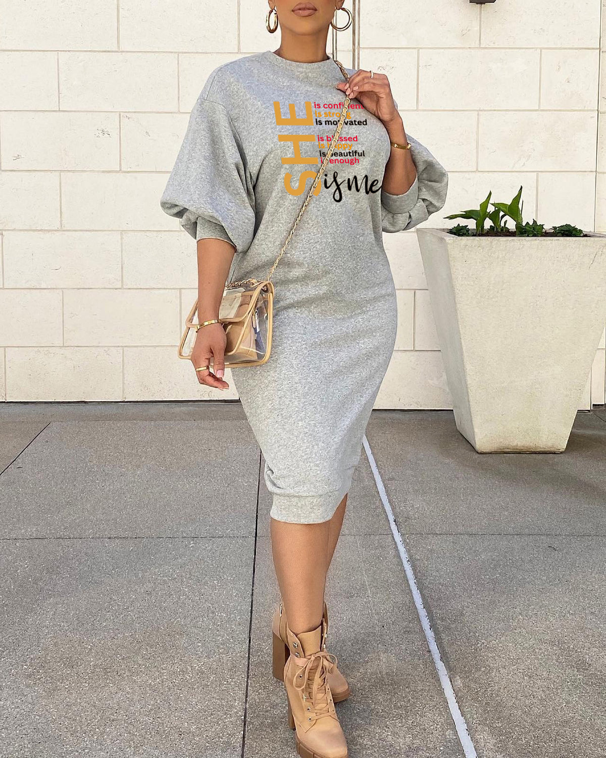 Round Neck She Is Me Melanin Lantern Sleeve Simple Sweatshirt Dress