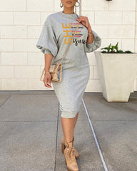 Round Neck She Is Me Melanin Lantern Sleeve Simple Sweatshirt Dress