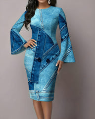 Denim Patch Print Flared Sleeves Midi Bodycon Dresses