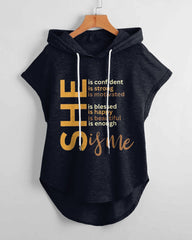 She Is Me Low Hem Drawstring Hooded Tee