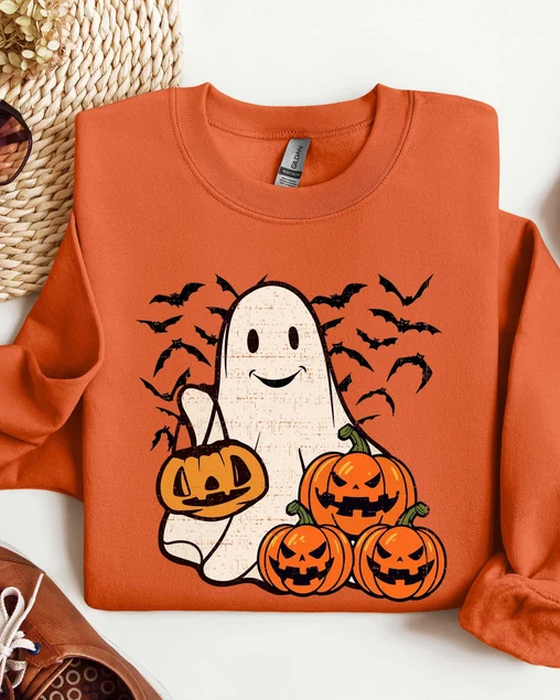 Halloween Funny Ghost Pumpkin Cotton Long Sleeve Sweatshirt
