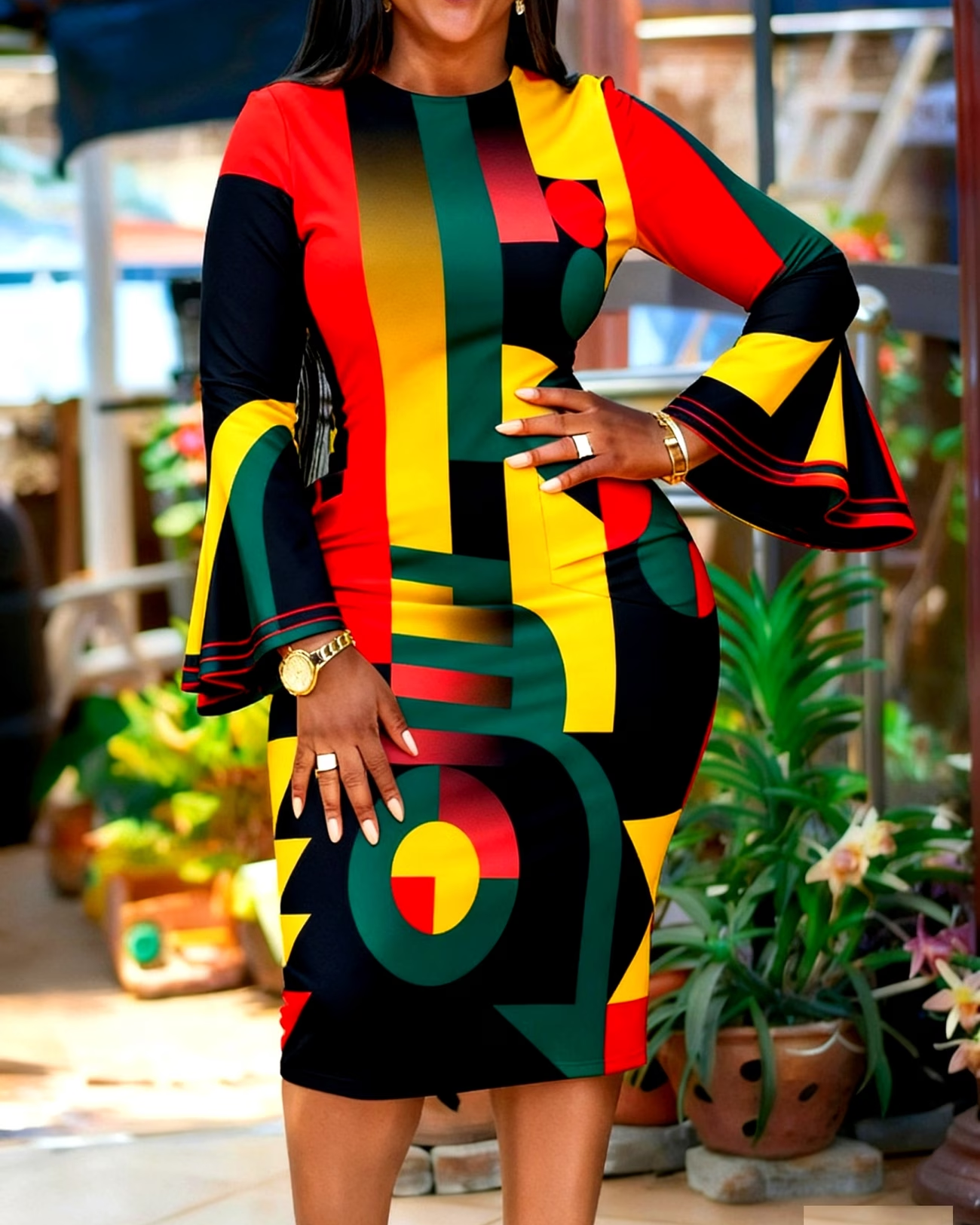 Color Palette Flared Sleeves Mini Dresses