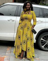 Square Neck Tie-Waist 3/4 Sleeve Ankara Yellow Polka Dots Maxi Dress