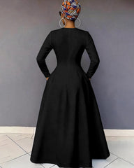 V-neck Colored Stripes Print Pocket Long-Sleeved Maxi Dress