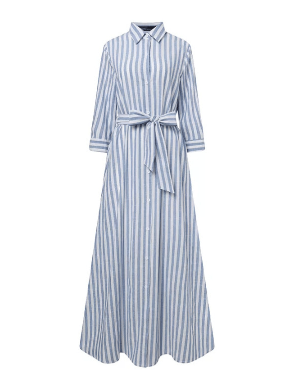 Classic Striped Belted Button-down Maxi Dress