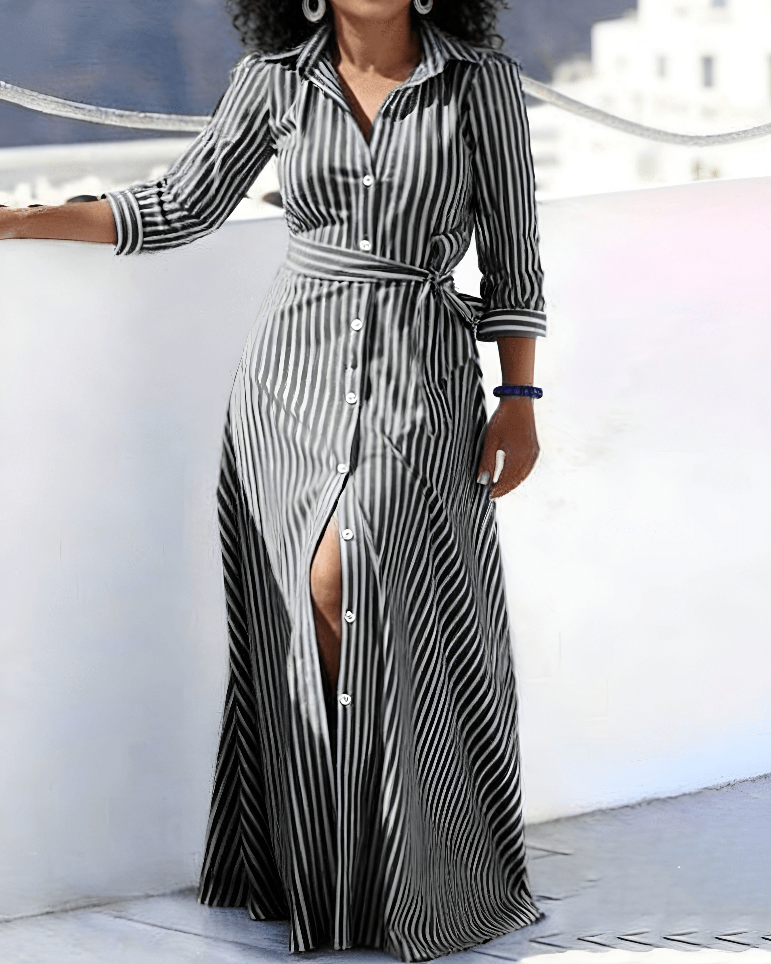 Classic Striped Belted Button-down Maxi Dress