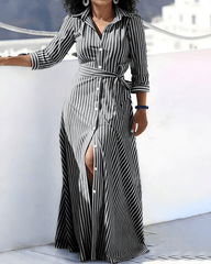 Classic Striped Belted Button-down Maxi Dress