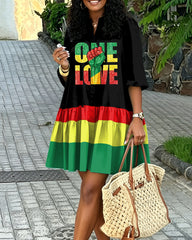 Stand Collar One Love Reggae Stripes Color Block Mini Shirtdress