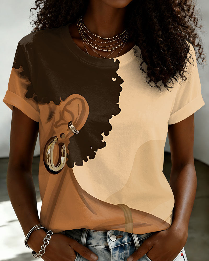 Pretty Curly-haired Girl Crew Neck Short Sleeve Tshirt