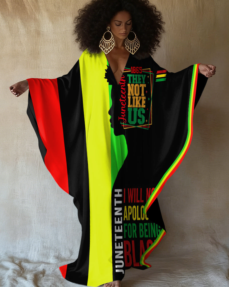They Not Like Us Reggae Juneteenth Stripes Print V-neck Long Kaftan Dress